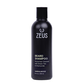 ZEUS beard shampoo bottle front with sandalwood scent for daily beard cleaning