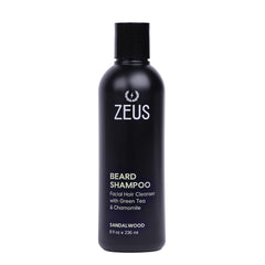 ZEUS beard shampoo bottle front with sandalwood scent for daily beard cleaning