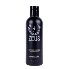 ZEUS Beard Shampoo bottle with Verbena Lime, front view, for daily cleansing and shine.