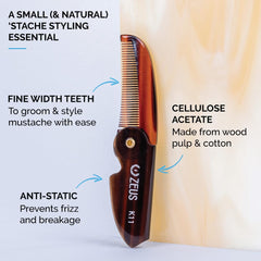 ZEUS folding-mustache-comb closed, pocket-sized travel companion for quick touch-ups.