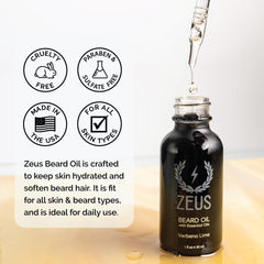 ZEUS natural beard oil ingredients graphic showcases grapeseed, safflower, argan, vitamin E