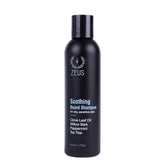 ZEUS Soothing Beard Shampoo bottle closeup for a calm, flake-free beard.