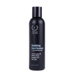 ZEUS Soothing Beard Shampoo bottle closeup for a calm, flake-free beard.