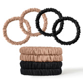ZHENSILK 8Pcs Silk Scrunchies set in Black and Brown for gentle, frizz-reducing hair styling.