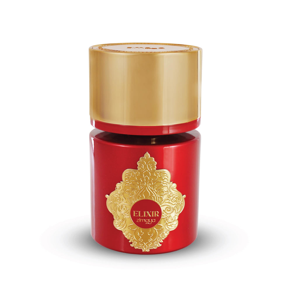 zimaya elixir red pour femme bottle closeup highlighting elegant design for daily glamour