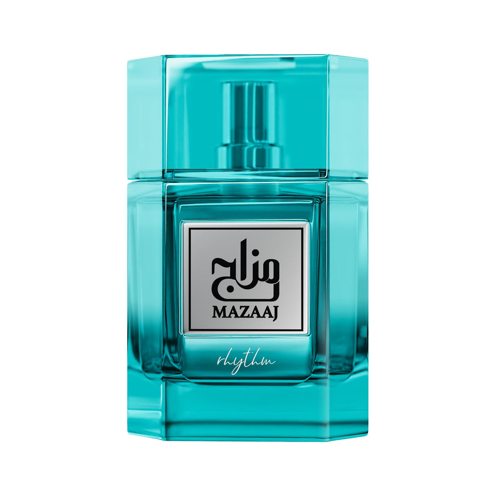 Zimaya Mazaaj Rhythm bottle front displays a vibrant unisex fragrance for everyday elegance.