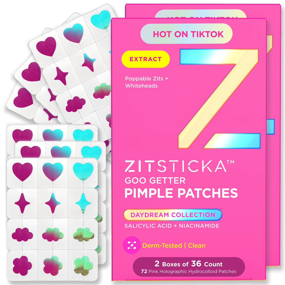 ZitSticka DreamHolo patches with pink-to-green shimmer for discreet blemish care.