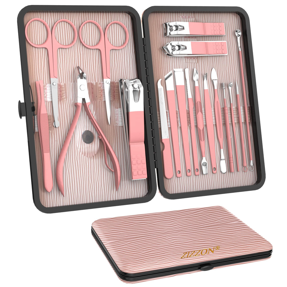 ZIZZON 18-in-1 manicure set case open showing organized tools for travel