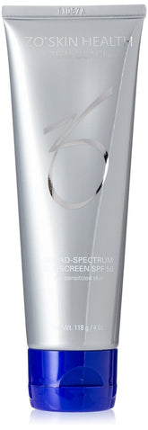 ZO Skin Health broad spectrum sunscreen bottle; daily UVA/UVB protection for sensitive skin.