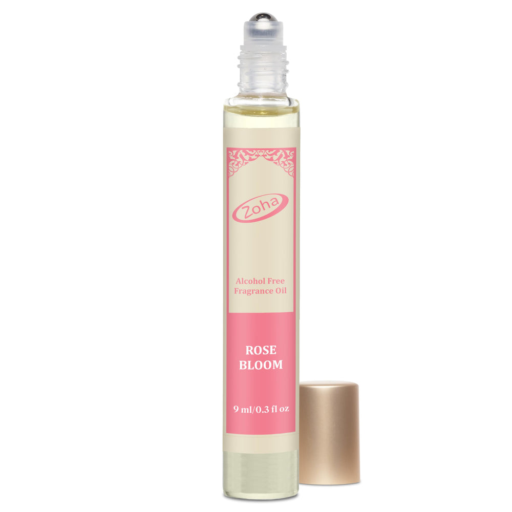 Zoha Rose Bloom bottle front, compact perfume oil for everyday wear.