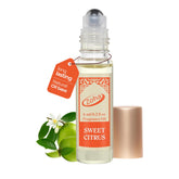 Zoha Sweet Citrus bottle close-up, skin-friendly, alcohol-free perfume oil for everyday wear