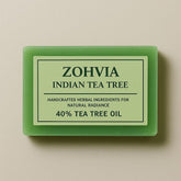 ZOHVIA Tea Tree Bar Soap ingredients close-up highlighting high-potency oil for acne-prone skin.