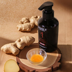Zooley Ginger Shampoo amber liquid texture with spa-like scent.