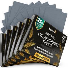 ZOROM'S bamboo-charcoal blotting sheets in a dispenser for quick, mess-free touch-ups.