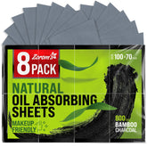 Zorom's natural blotting sheets in packaging show eco-friendly bamboo charcoal for on-the-go touchups.