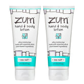 Zum Indigo Wild hand and body lotion bottle on sink for daily hydration.