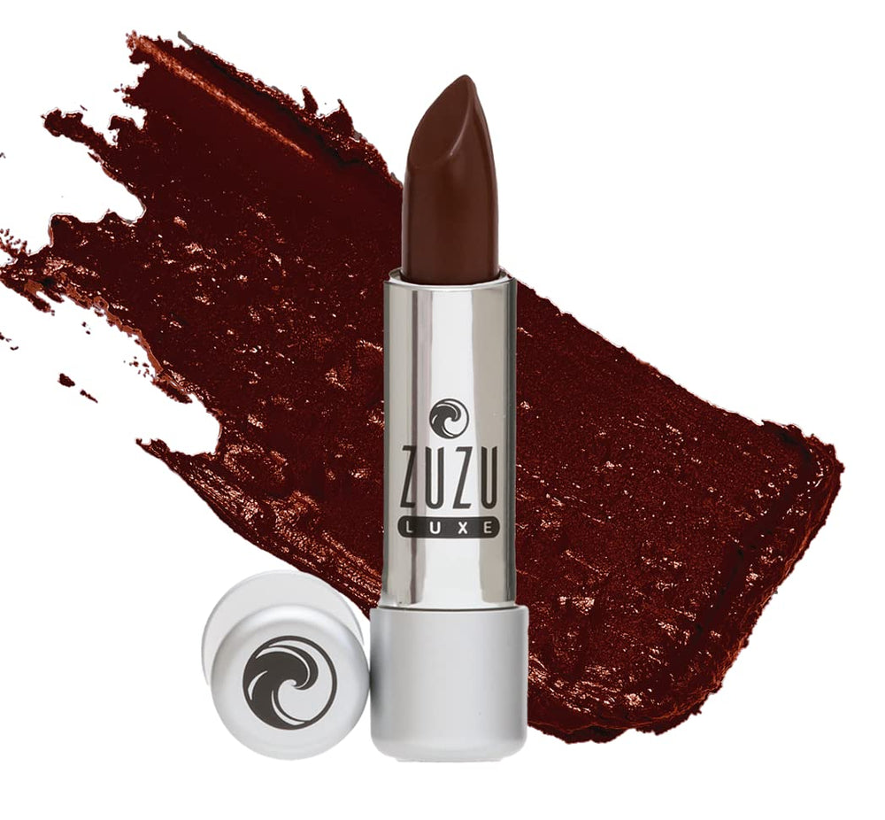 Zuzu Luxe Lip Color Chocolate Cherry swatch shows a rich reddish-brown shade