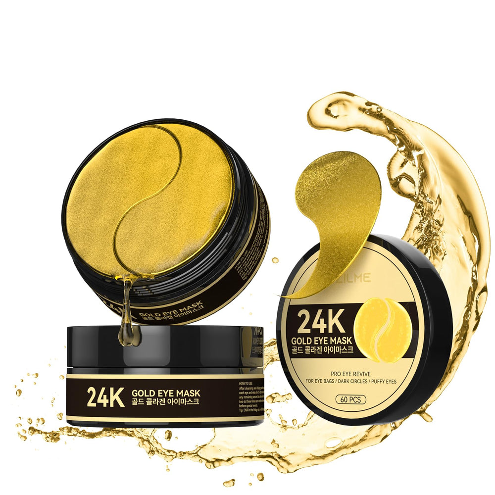 ZZILME 24k Gold Under Eye Patches packaging shows a 60-piece set for hydration.
