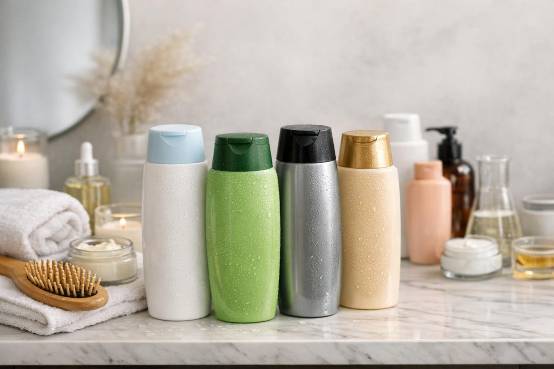 Assortment of 2 in 1 shampoo and conditioner bottles on shelf
