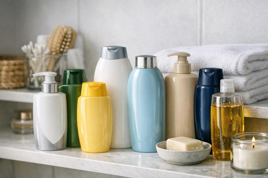 Assorted 2 in 1 shampoo and conditioner bottles on shelf