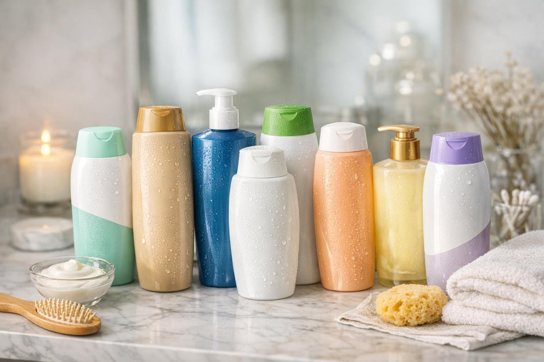 Assortment of 2-in-1 shampoo and conditioner bottles