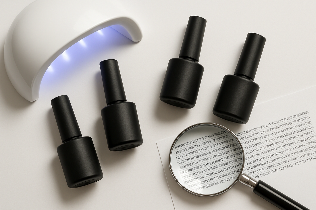 Flat lay of gel polish bottles, UV lamp and a magnifying glass over an ingredient label