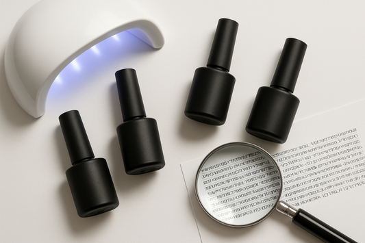 Flat lay of gel polish bottles, UV lamp and a magnifying glass over an ingredient label