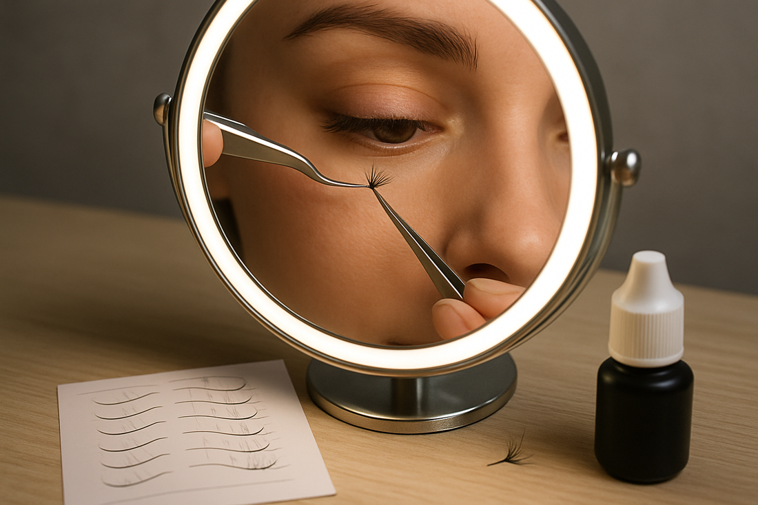 Tweezers placing a lash cluster during an at-home application at a vanity