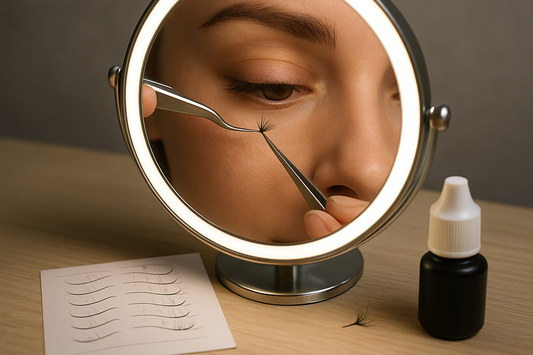 Tweezers placing a lash cluster during an at-home application at a vanity