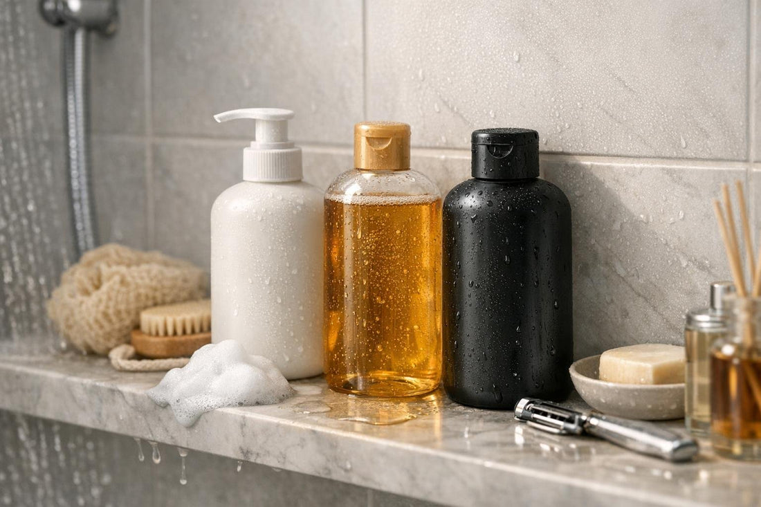 Three in one hair and body cleanser in a shower