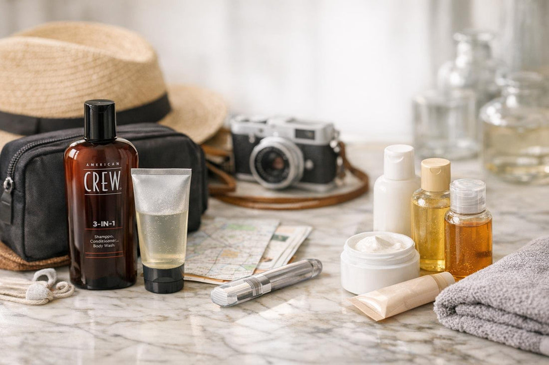 Travel-sized 3 in 1 hair and body cleansers display