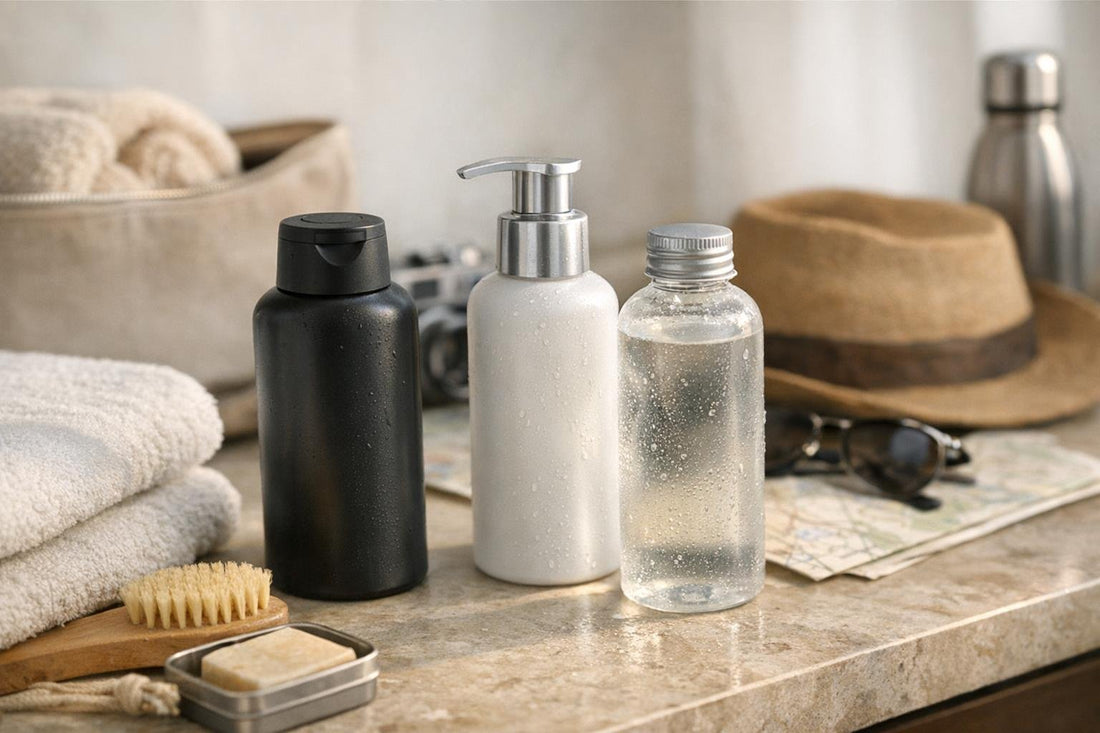 Travel-ready 3-in-1 hair and body cleanser bottles