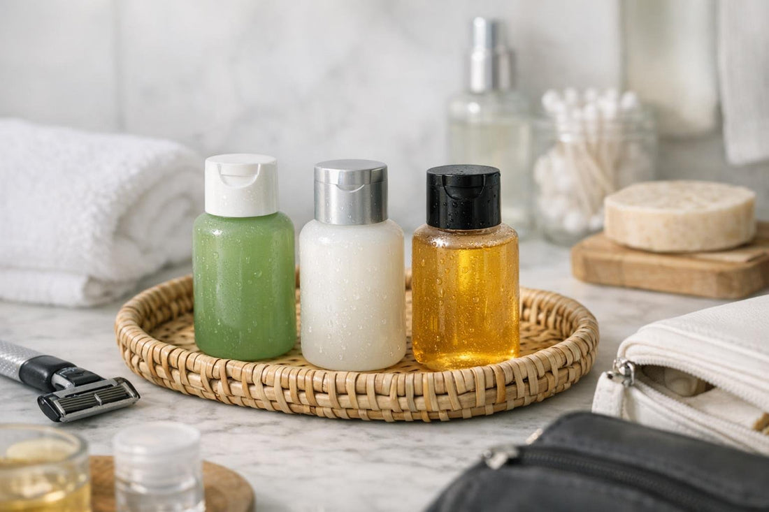 travel-sized 3-in-1 hair and body cleanser bottles