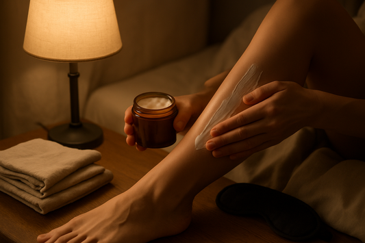 Hand massaging magnesium cream into a leg in a cozy evening bedside scene