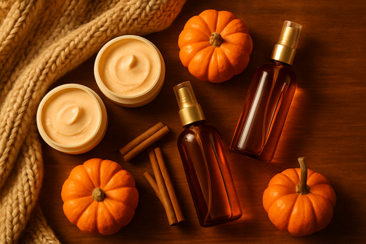 Autumn flat lay of pumpkin-scented body care with cinnamon and small pumpkins