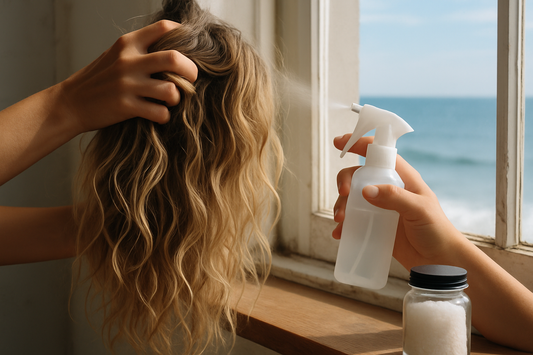 Tousled beachy waves being scrunched with a styling spray near ocean light