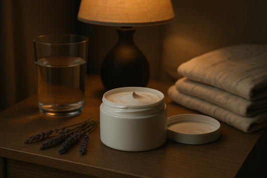 Open jar of magnesium body cream on a nightstand with lavender at night