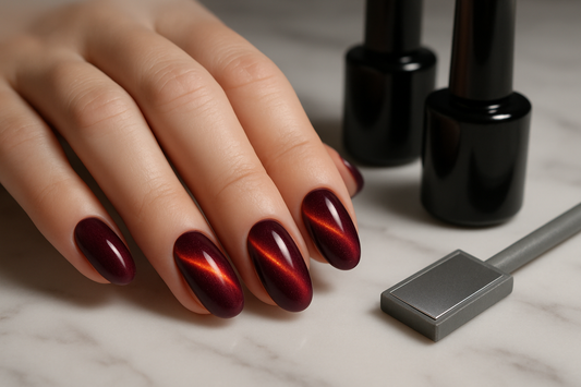 Cat eye magnetic gel manicure in deep burgundy with magnet tool on a vanity