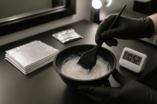Gloved hands mixing lightener in a salon bowl with foils and timer nearby