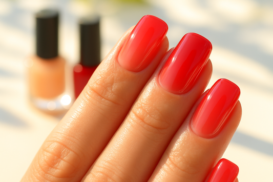Short square jelly nails in translucent peach and cherry with glass-like shine