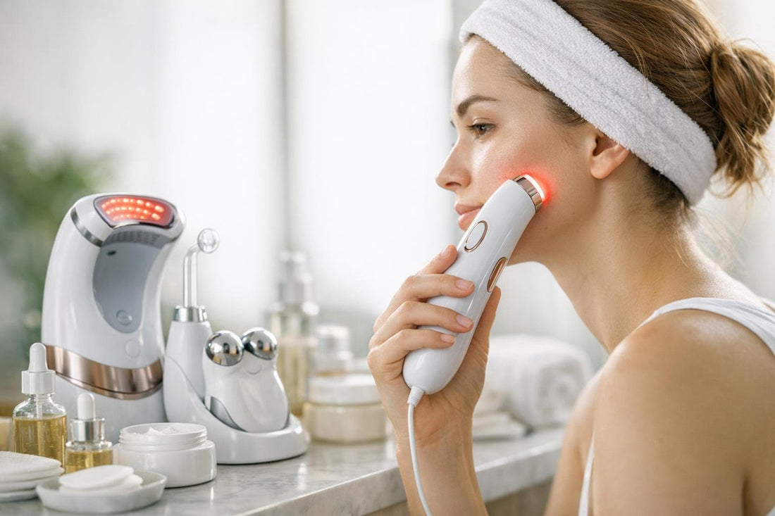 Beginner using acne clearing device on clean skin