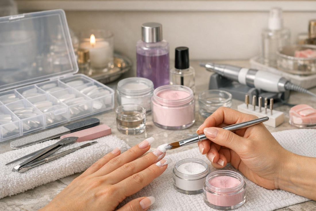 Beginner applying acrylic false nails with home kit