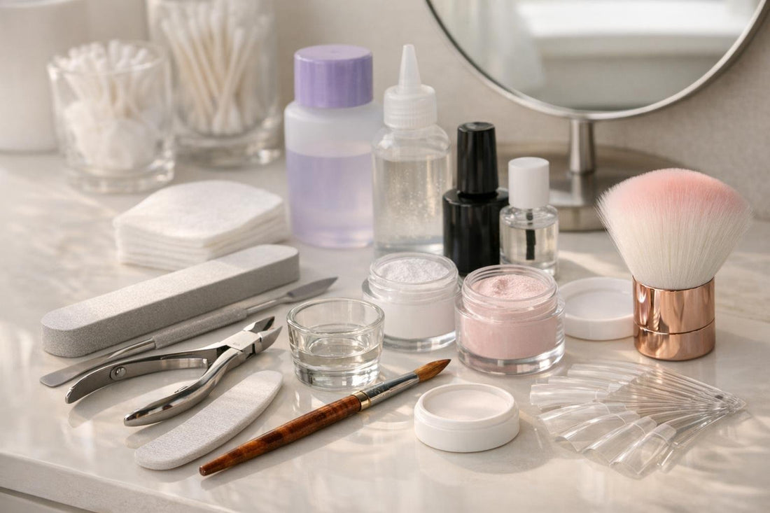 At-home acrylic nail tools laid out for cleaner sets