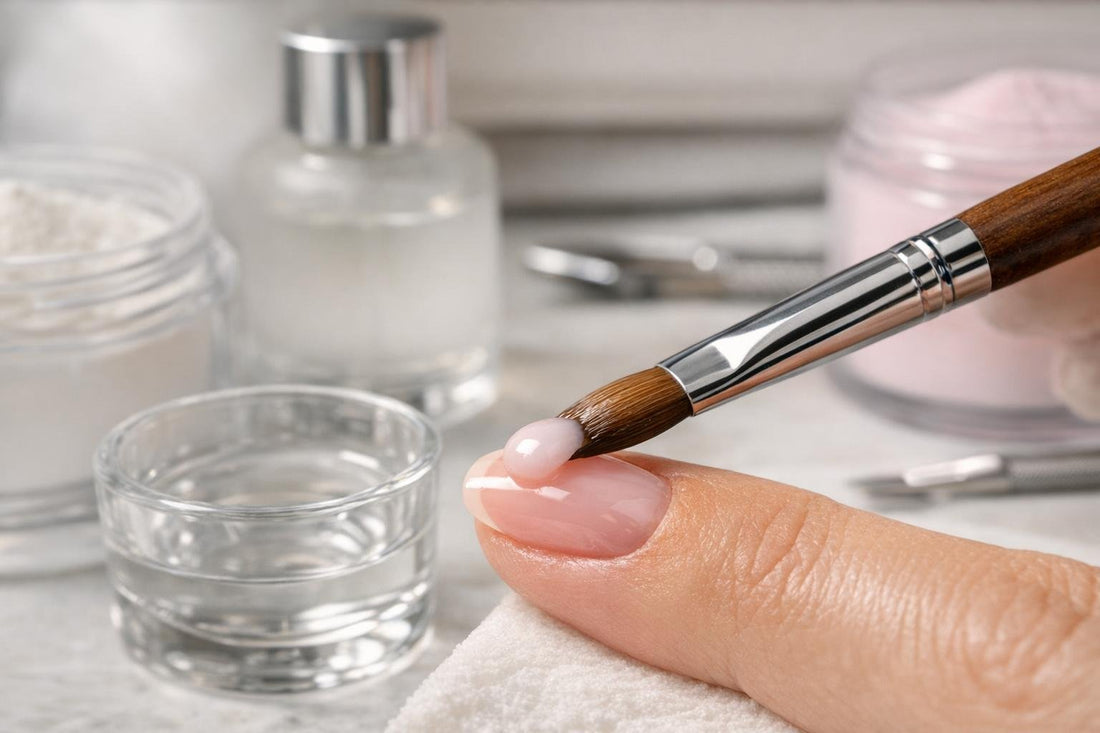Acrylic powder and liquid bead application close-up on nails