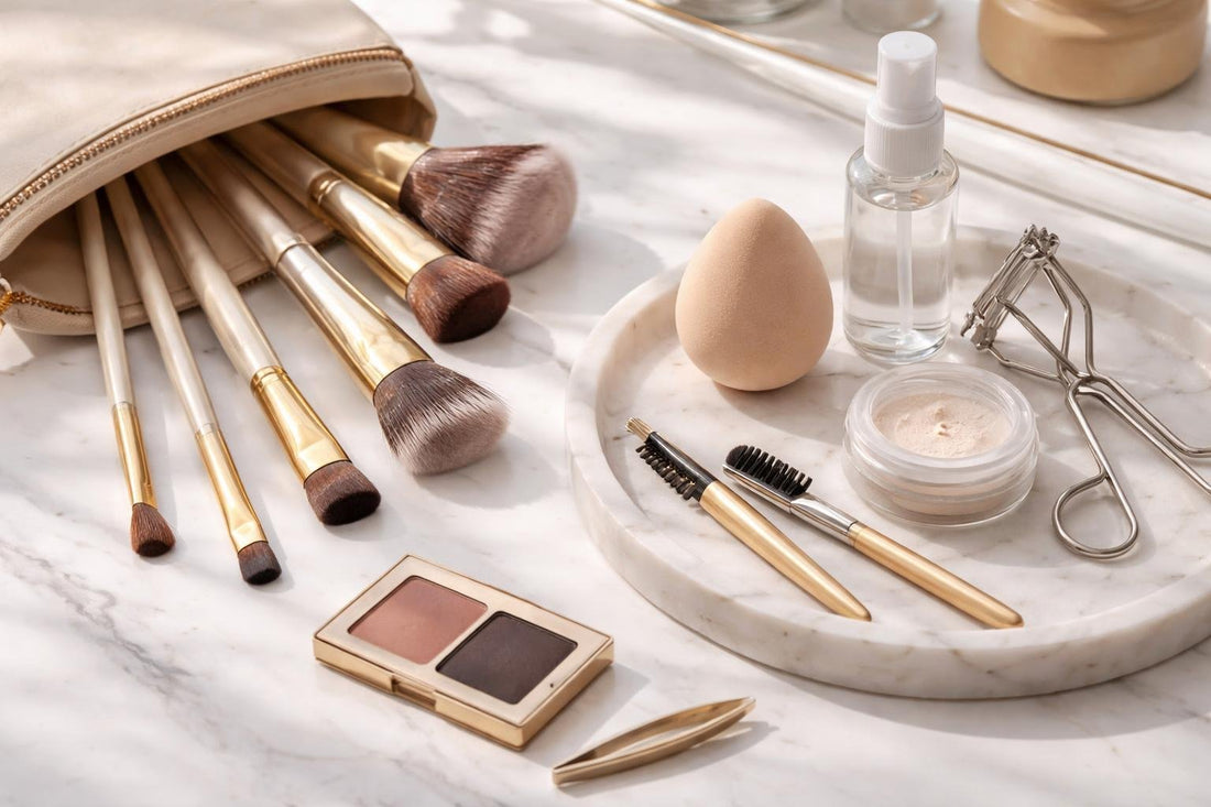 Affordable makeup brushes and tools laid out on vanity
