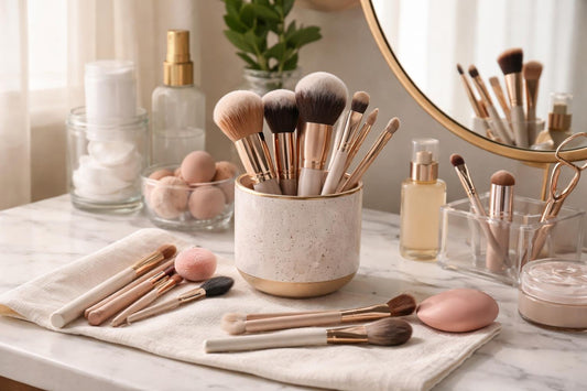 Affordable makeup brushes and tools on Canadian vanity