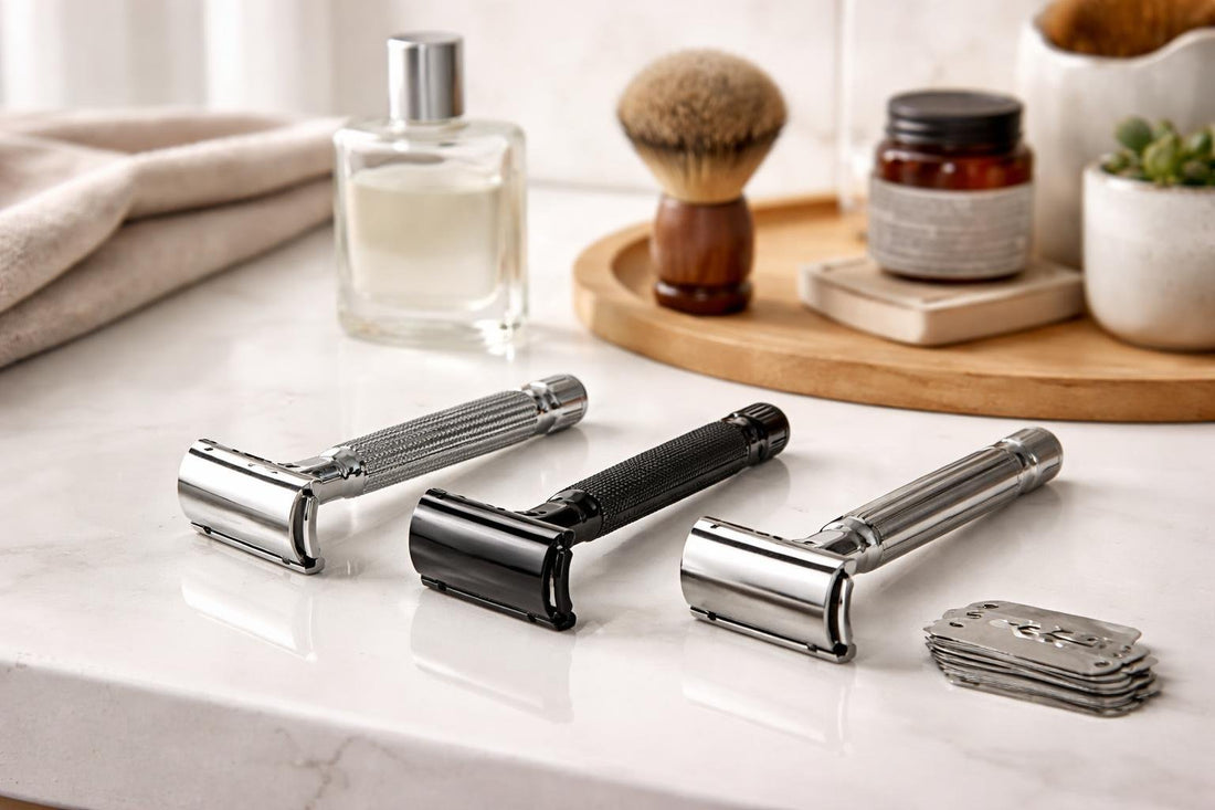 Affordable men’s safety shaving razors on countertop in bathroom