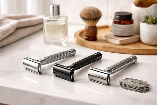 Affordable men’s safety shaving razors on countertop in bathroom