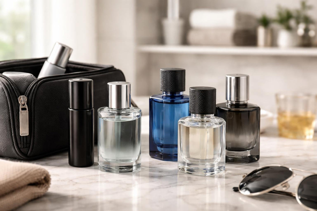 Travel-size men's cologne bottles on table