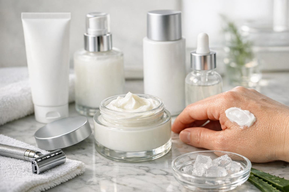 After shave balm applied to calm sensitive skin